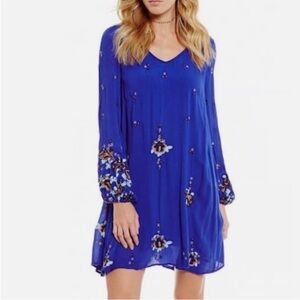 Free People Oxford Embroidered Mini Swing Dress Cobalt Blue Combo Size S boho